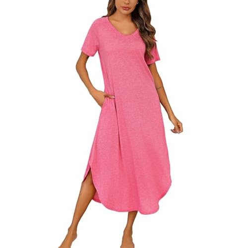 Marvmys Women Short Sleeves Long Nightgown Super Soft Sleepwear Comfy V Neck Cotton Nightshirts with Pocket Dark Pink Large