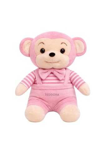 Image of Bow Monkey Soft Toy for Girls Boys Kids, Pink, Animal Stuffed Baby Teddy Gift Birthday, 25 cm