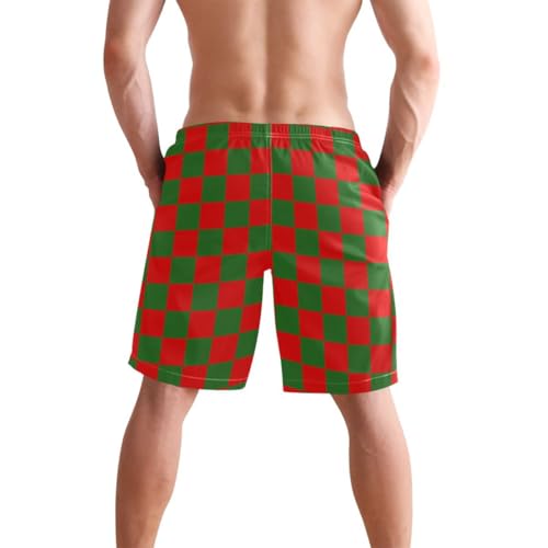 Red and Green Buffalo Checkered Mens Swim Trunks Quick Dry Beach Shorts with Pocket S3