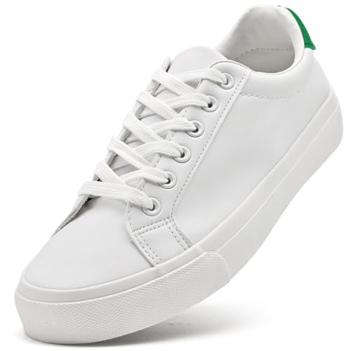 Duovodu Kids Leather White Sneakers Boys Girls Low Top White Tennis Shoes Lace up Casual Lightweight Walking Running Shoes