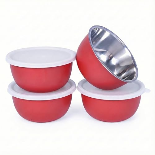 Image of Zaib Microwave Safe Stainless Steel Food Storage Bowl with Lid | Snack Serving Cooked Food Storage Container for Kitchen Capacity- 500 ML Each (4 Pcs Red 500 ML White Lid)