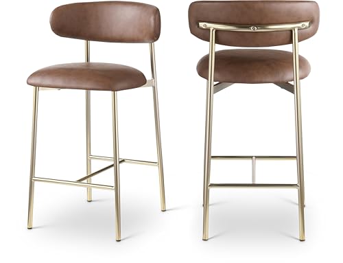 Meridian Furniture 995Brown-C Lupita Collection Moderno Butaco Contemporáneo con Asiento de Cuero Vegano Suave, Estructura Metálica Dorado Cepillado, 20.5" Ancho x 19" Profundidad x 36" Alto, Marrón, Juego de 2 miniatura 1