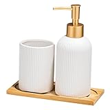 ZYMIADOU Juego de 3 dispensadores de jabón de cerámica con bandeja de almacenamiento de madera y vaso para cepillo de dientes para decoración de encimera de baño, organizador de baño