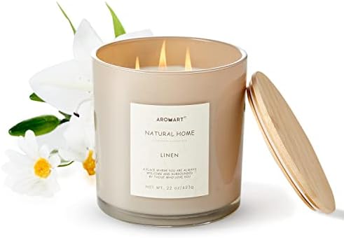 AROMART 3 Wick Large Scented Candles 22 Oz,Linen Aromatherapy Candles for Home Scented,Soy Candles with 8% Essential Oils,Long Burning,Soy Wax Candles Gifts for Women Men