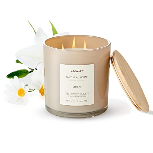 Aromart 3 Wick Large Scented Candles 22 Oz,Linen Aromatherapy Candles For Home Scented,Soy Candles With 8% Essential Oils,Long Burning,Soy Wax Candles Gifts For Women Men #TOP2