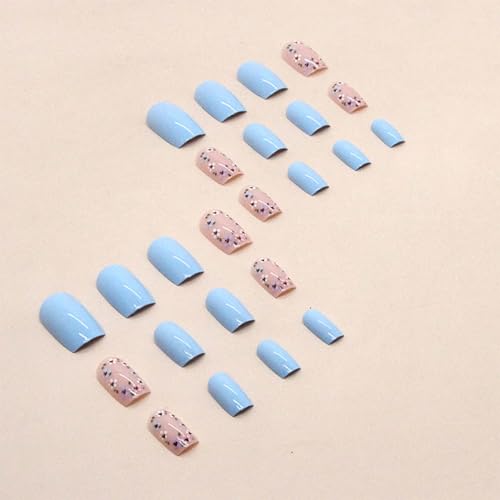Image of Blue Press on Nails Medium Square Fake Nails with Colorful Flower Design Glossy Glue on Nails Nude Full Cover False Nails Artificial Acrylic Nails Stick on Nails for Women Girls Manicure Art 24Pcs