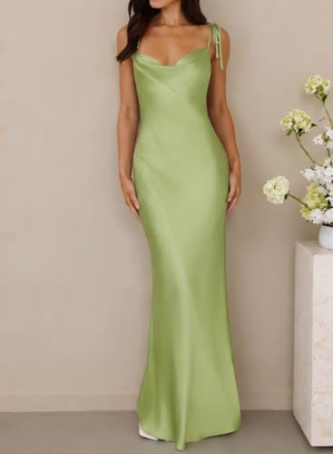 Image of 2026 Satin Cowl Neck Spaghetti Strap Maxi Dress for Women Bridesmaid