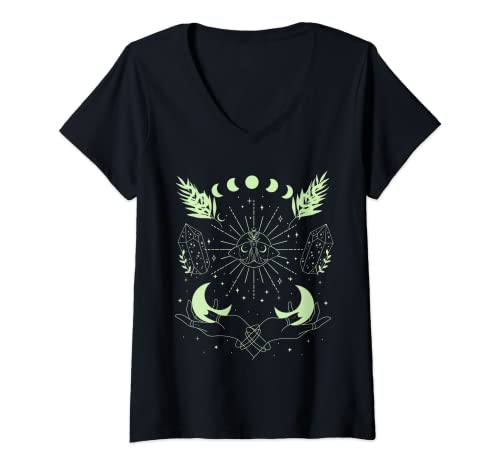 Femme Witchy - Phases de lune, mites, étoiles, cristaux et serpents T-Shirt avec Col en V