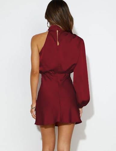 Women's Satin Long Sleeve One Shoulder Mini Dress Silk One Sleeve Turtle Neck Cut Out Cocktail Short Dress for Women - Image 3