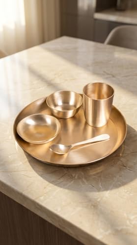 Image of Pure Kansa Dinner Set 5 Pieces | Bronze Thali Set 12 Inch Plate, 2 Bowls, 1 Glass, 1 Spoon | Handcrafted Ayurvedic Kansa Utensils | Matte Finish | Gift for Diwali Wedding Housewarming