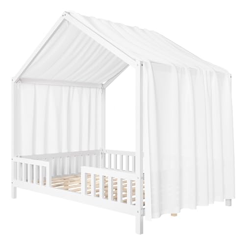Image of Bellemave Full House BedFrame with Canopy, Montessori Floor Bed, House Bed with Rails for Kids, White