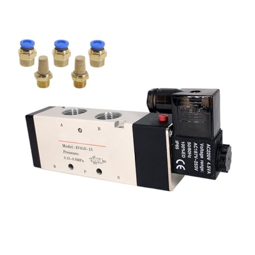 RTXRPKXZE Pneumatikventil Elektrisches Magnetventil 4v410-15 Steuerluft Gas Magnetisch 5 Wege 2 Positionen DC12V 24V AC110V 220V Spulenspannung(6mm Fittings,Schwarz)