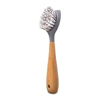 Full Circle Tenacious C Bamboo Dish Brush and Scraper - Ergonomic Handle | Tough Nylon Bristles, Built-in Scraper | Kitchen Cleaning Tool for Cast Iron Cookware, Pots, and Sinks | Stylish Gray Head