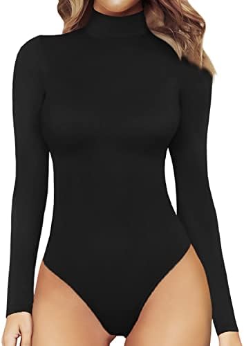 MANGOPOP Women's Mock Turtle Neck Long Sleeve Tops Bodysuit Jumpsuit (A Long Sleeve Black, Medium)