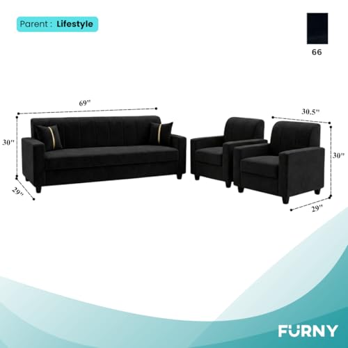 Image of FURNY Cosmos 3 Seater + 1 Seater + 1 Seater Fabric Sofa Set (Black) with Velvet Finish | Durable Comfort | Ideal for Living Room