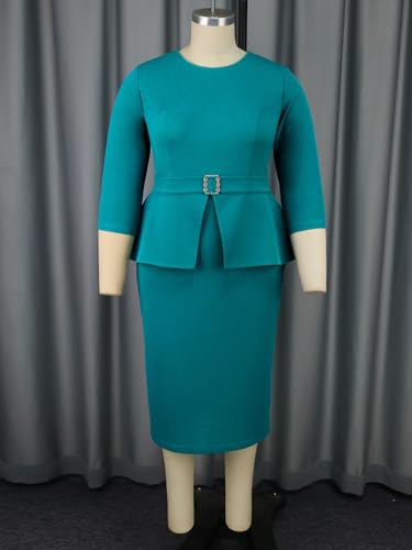 Image of ONTINVA Plus Size Dress for Curvy Women Midi Church Wear to Work Bodycon Vintage Peplum 3 /4 Sleeve Sheath Pencil Dress
