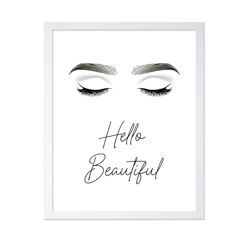 Image of Poster Master Fashion Poster - Hello Beautiful Print - Trendy Art - Modern Art - Minimal Art - Gift for Men, Women & Fashionista - Glam Decor for Dorm, Living Room or Bedroom, 11x14 White Framed