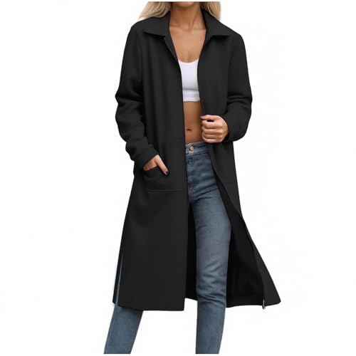 Womens Zipper up Fleece Long Jacket Long Sleeve Lapel Cardigan Jacket Solid Business Casual Jackets Coat with Pockets2