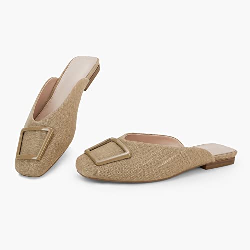 Women's Flat Linen Mules Ladies Square Buckle Decor Closed Square Toe Backless Slip On Slides Loafer Shoes Khaki #TOP1