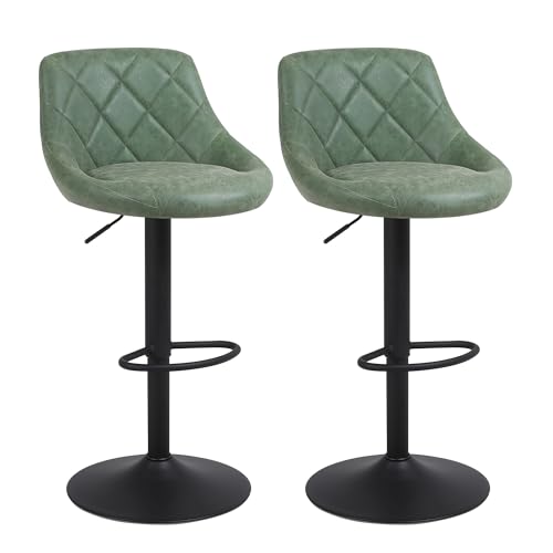 Chummaven Juego de 2 taburetes de bar de cuero, modernos taburetes de bar ajustables con respaldo bajo, sillas giratorias con base de metal negro, taburetes de bar para isla de cocina/comedor, color