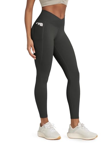 ODODOS Buttery Soft Cross Waist Leggings with Pockets for Women, ODCLOUD 25' Crossover Lounge Yoga Pants, Onyx Black Grey, Medium