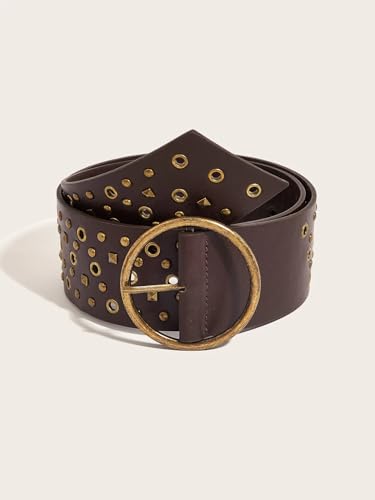 Women Wide-Western-Concho-Belt -Vintage-Cowgirl-Studded-Belt Country Boho Round Buckle for Jeans Dress waist below 36''4