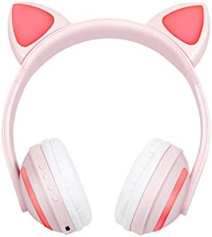 Treesine Wi-fi Bluetooth LED Cat Ear Headphones for Ladies, Children, 7-Colour Colour Altering Glowing Over Cosplay Cat Ears Gaming Headsets with Microphone for Smartphones PC Pill (Pink)