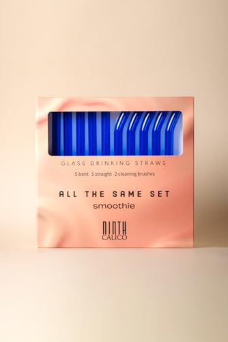 10-Pack Smoothie Thick Reusable Glass Drinking Straws –Colorful, Durable – Includes 10 Smoothie Straws & 2 Cleaning Brushes – For Smoothies, Iced Coffee, Lattes, Matcha, Soda, Juice (Dark Blue)