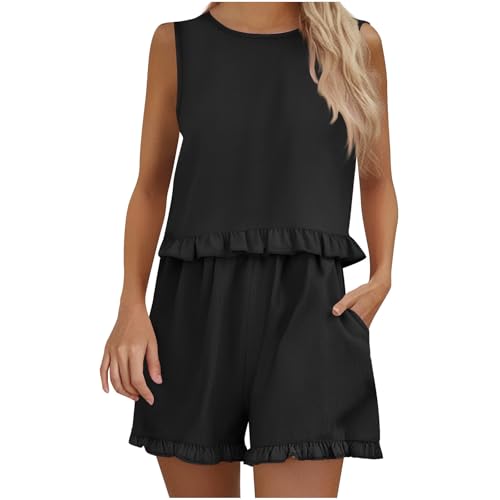 Plus Size Cotton Linen 2 Piece Sets Women Sleeveless Ruffle Crop Top Tank Elastic Waist Shorts Sets Vacation Set