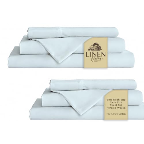 Linen Home 100% Cotton Percale Sheets Twin Size Pack of 2, Blue Duck Egg, Deep Pocket, 6 Pieces Set- 2 Flat, 2 Fitted and 2 Pillowcases, Crisp Cool and Long Staple Strong Bed Linen