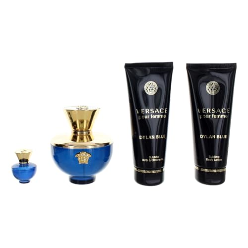 Versace Dylan Blue 4 Piece Gift Set for Women (3.3 Ounce Eau De Parfum Spray + 3.4 Ounce Body Lotion + 3.4 Ounce Shower Gel + 0.17 Ounce Mini Spray)