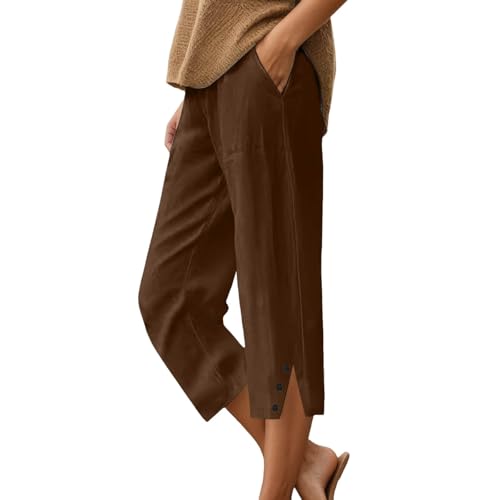 Pantalones cortos de algodón y lino para mujer, pantalones cortos de verano hasta la rodilla con bolsillos, ajuste holgado, cintura elástica, pantalones cortos cómodos con cordón, marrón, 3XL
