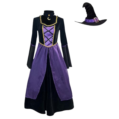 Disfraces de Halloween para mujeres adultas, vestido vintage de bruja con sombrero, gargantilla, fiesta de cosplay, trajes de bruja vampiro, ropa de actuación medieval renacentista, color morado