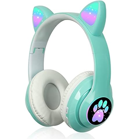 Kabellose Bluetooth Kopfhörer für Kinder,Faltbare Mädchen Kopfhörer Over Ear,LED Niedliche Katzenohren faltbar, Audio kabellos Cover