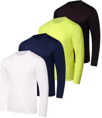 4 Pack Men's Dry Fit Long Sleeve Workout Shirts Gym Athletic Tee Fishing | 10% Spandex Stretch, Cooling Moisture Wicking Breathable, Construction Running Hiking Cycling UV UPF, Work HI Vis, Plain