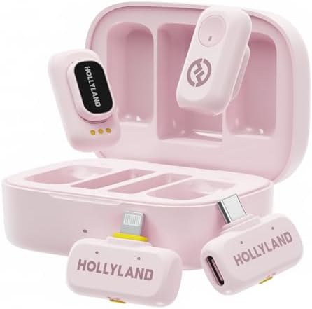 Hollyland LARK A1 Combo – Microfone Sem Fio Mini para iPhone e Android (2TX + USB-C RX + Lightning RX + Case de Carregamento), Microfone Magnético para YouTube, TikTok, Podcast e Vlogs (Rosa)