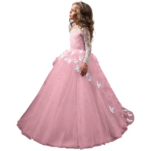 Tulle Flower Girl Dress for Wedding Lace Appliques 3D Butterfly Long Sleeves Party Pageant Ball Gown Dresses