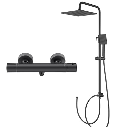 Auralum Schwarz Duscharmatur mit Thermostat, Duschsystem mit Quadratischer Regendusche (25x25cm), Handbrause, Thermostat und Höhenverstellbarer Duschstange, Edelstahl Duscharmatur Komplettset