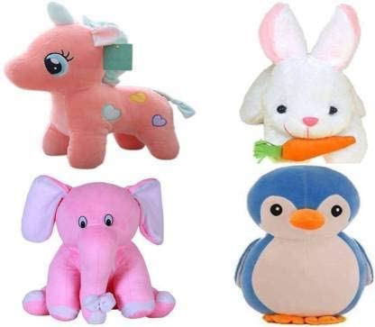 POPREX Combo of 4 Soft Toys for Kids Rabbit (28 cm), Unicon(30 cm) Penguin (25 cm), ELEP[HANT(20 cm)
