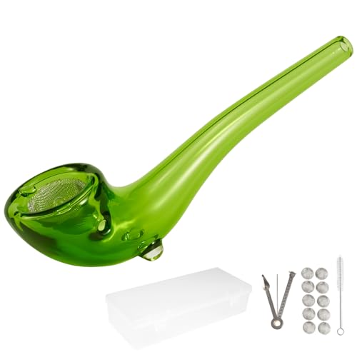 WANNTO Pipe en Verre Longue – Courbe en Verre Borosilicate avec Crochets pour Filtre, Outil Multifonction, Brosse, 10 Filtres & Boîte de Rangement (Vert)