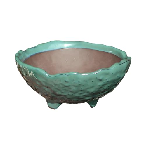 Bonsai Wild Grass Ceramic Pot Round Shape Rocky Skin Glazed (5.9", Oribe-Yu)