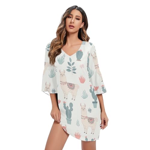 Lamas Pastell Sommerkleid Bedrucktes Chiffon Sommerkleid Damen S-XXL, Lamas Pastell, Klein