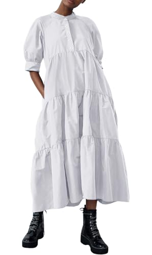 Image of chouyatou Women's Summer Puff Sleeve Maxi Tiered Babydoll Dress Casual A-Line Swing Long Shirt Dress