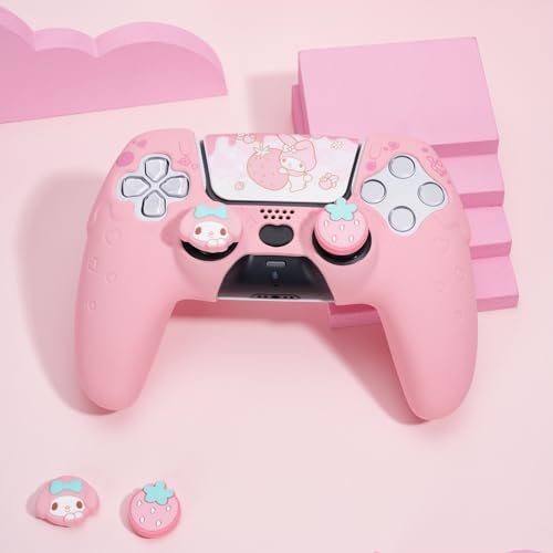 Image of Kuitmor Silicone PS5 Controller Cover Skin Set, Anti-Slip Soft Protective Case for PS5 Wireless Controller with 2 Thumb Grip Caps and 1 Sticker (Pink Melody)