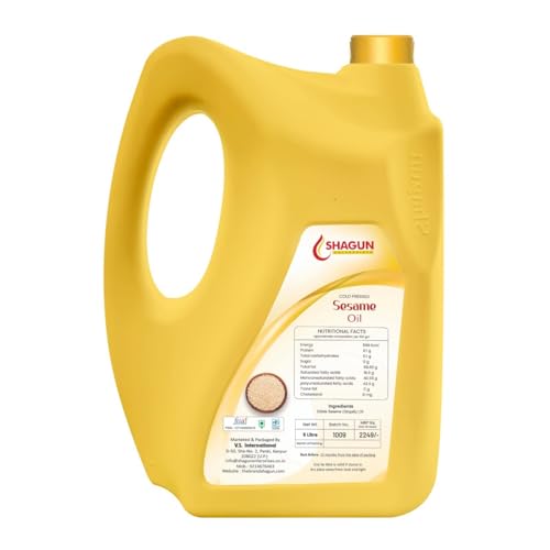 Image of Shagun Cold Pressed Sesame Oil 5 Litre (Gingelly Oil), 100% Pure and Natural Cooking Oil, Rich in Antioxidants and Omega 6, Extracted from A1 Grade Sesame Seeds, Goods for Heart Health