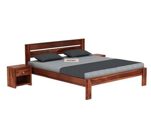 Image of Solid Sheesham Wood Queen Size Bed Without Storage | Wooden Double Bed Cot Palang for Bedroom Living Room Furniture (Honey Finish)