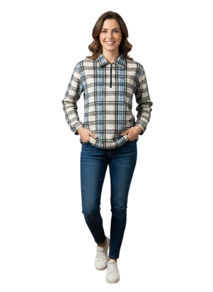 Women's Winterwear Sweatshirt, Casual Plaid Pullover with Half-Zip Collar, Blue and White Check Pattern, Long Sleeve for Women (in, Alpha, M)-image-1