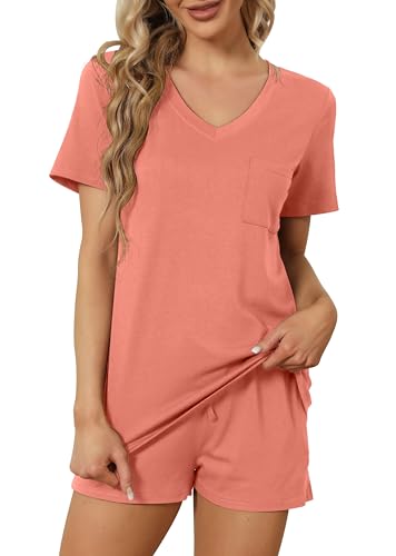 Image of RUBZOOF Women's Short Sleeve Pajama Sets with Pockets Casual V Neck 2 Piece Lounge Sets S-3XL