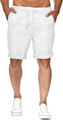 Runcati Bermuda en lin pour homme - Léger - Élastique - Avec 2 poches, Blanc., L