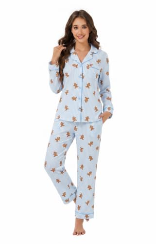 Image of LUBOT Christmas Pajamas for Women 100% Cotton Pajama 2 Piece PJ Set Soft Long Sleeve Button Xmas Print Loungewear XS-XXL